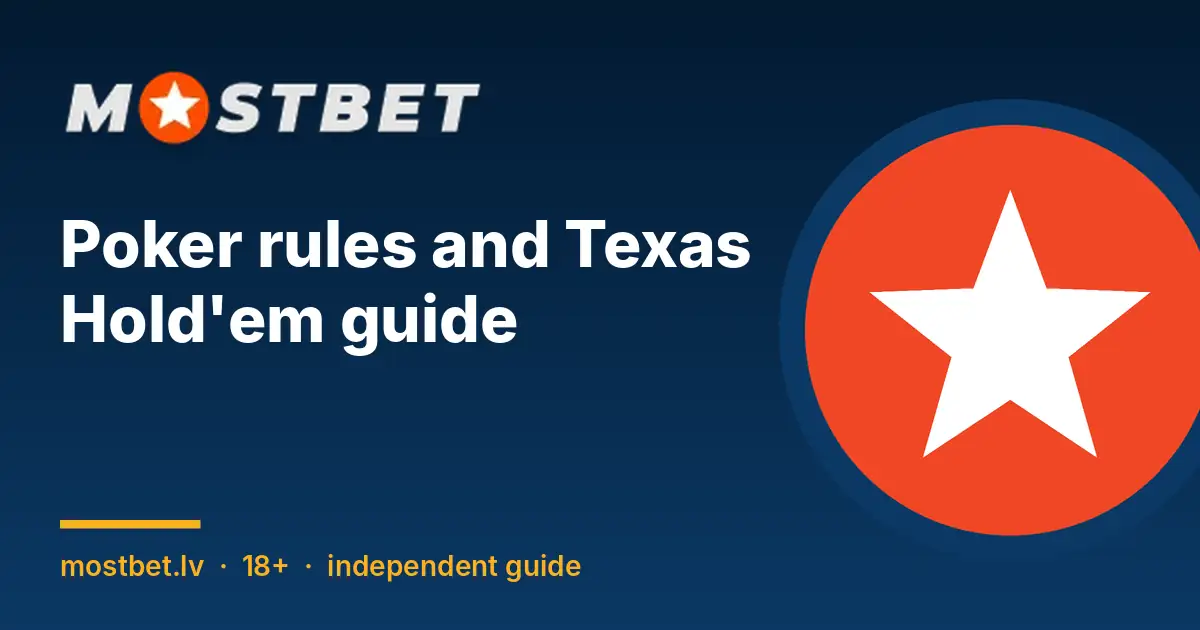 Poker rules and Texas Hold'em guide cover with the Mostbet star